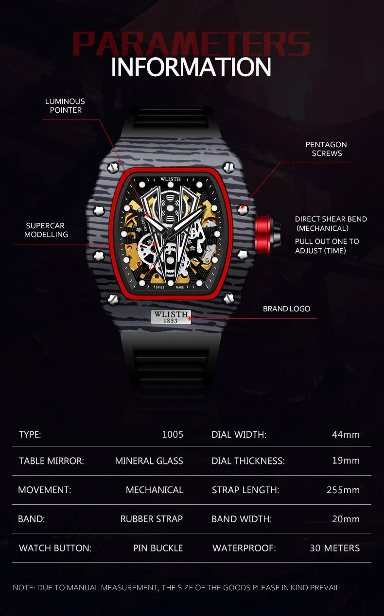 WLISTH Men's Watch Barrel Type Mechanical Watch Men Waterproof Luminous Business Men Mechanical Wristwatches Clock Montre Homme