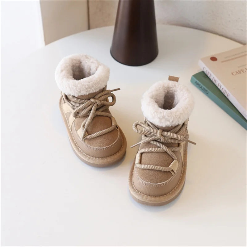 2025 New Winter Children Snow Boots Leather Warm Plush Soft Sole Toddler Boys Shoes Non-slip Fashion Girls Boots EU 21-30