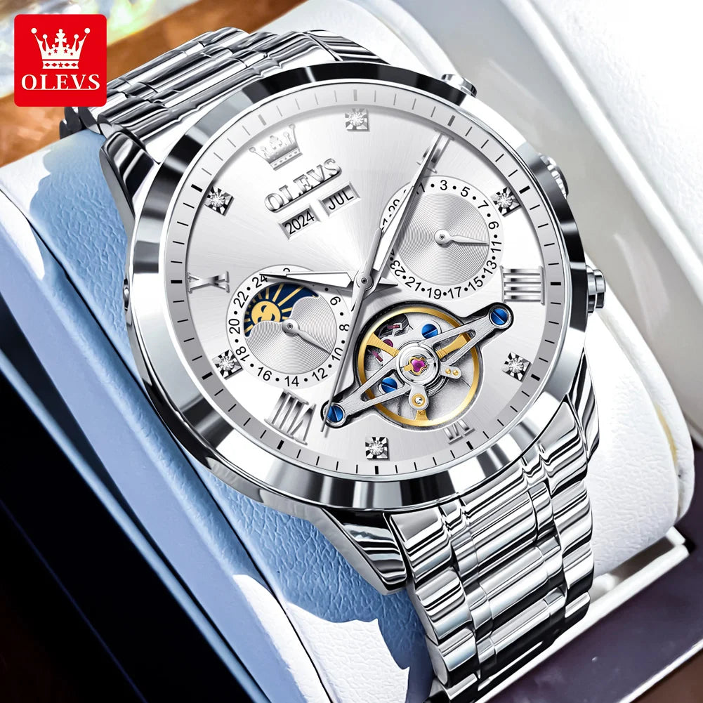 OLEVS 7029 Luxury Man Watch Stainless Steel Hollow Flywheel Moon Phase Exclusive Mechanical Movement Automatic Men's Watches New