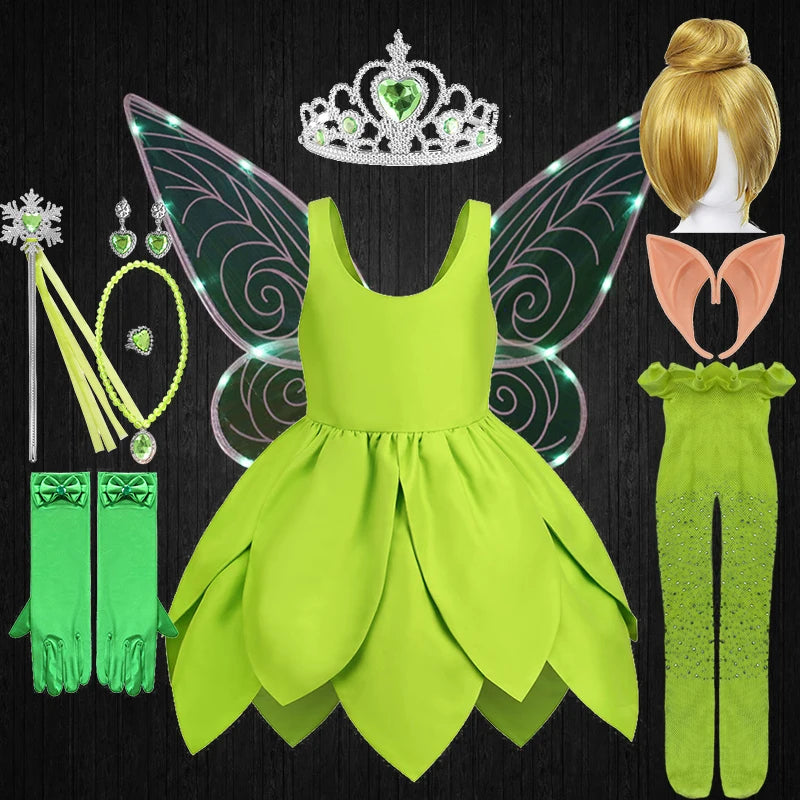 Summer Fancy Girl Green Elf Tinker Bell Backless Dress Christmas Halloween Kids Cosplay Birthday Party Fairy Princess Costumes