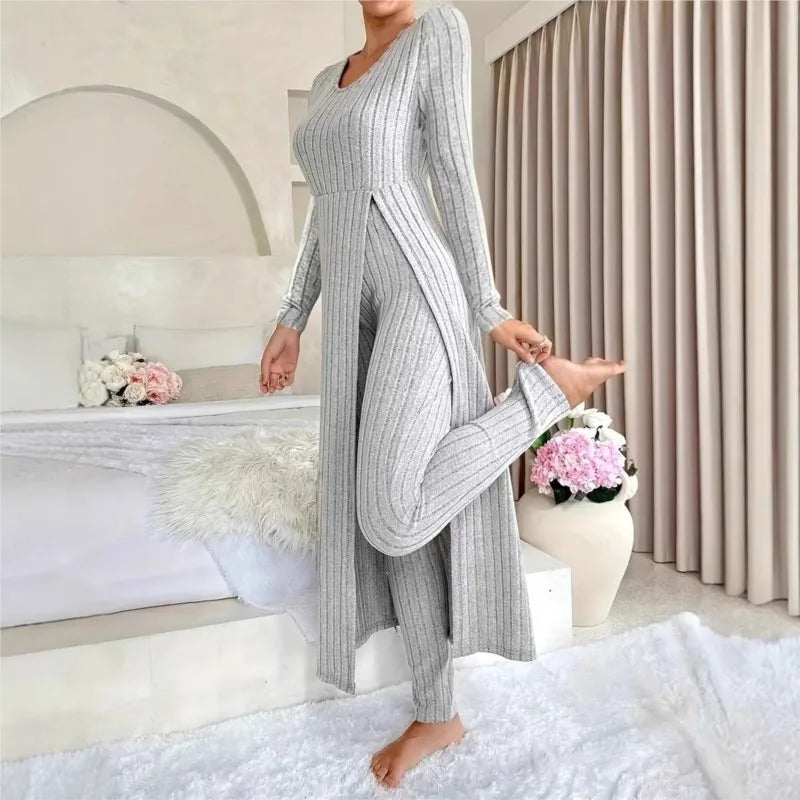 2025 Autumn Winter Home Casual Women's Suit Fashionable Solid Color Round Collar Super Long Slit Top Slim Trousers Two-piece Set