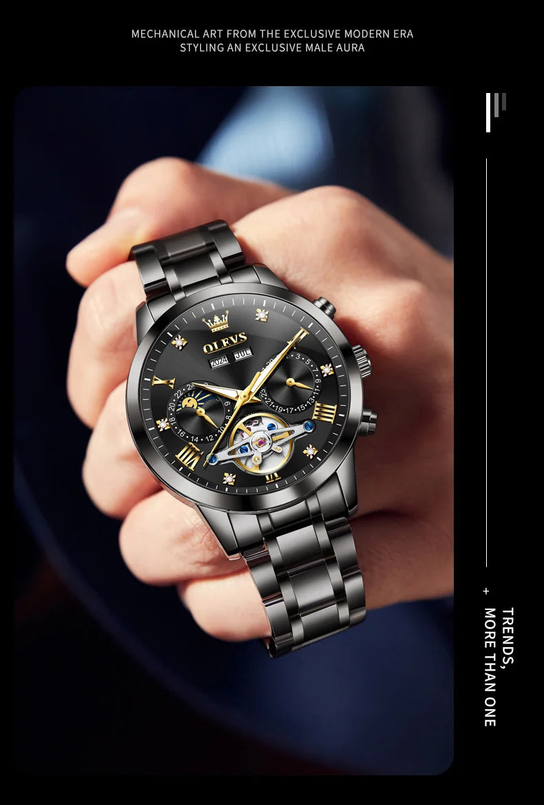 OLEVS 7029 Luxury Man Watch Stainless Steel Hollow Flywheel Moon Phase Exclusive Mechanical Movement Automatic Men's Watches New