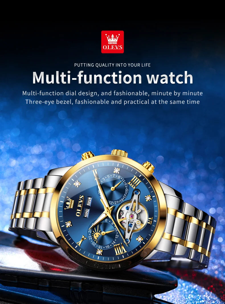 OLEVS 7029 Luxury Man Watch Stainless Steel Hollow Flywheel Moon Phase Exclusive Mechanical Movement Automatic Men's Watches New