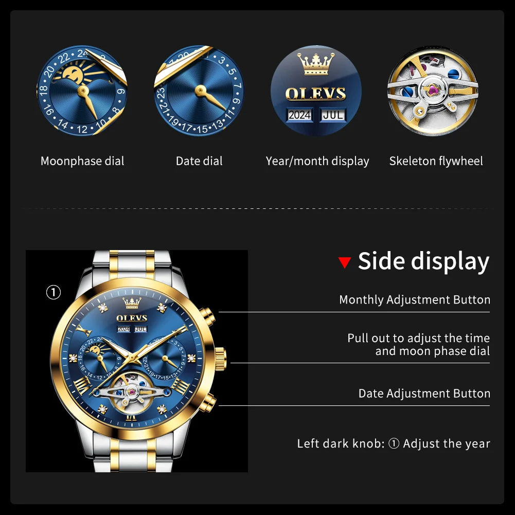 OLEVS 7029 Luxury Man Watch Stainless Steel Hollow Flywheel Moon Phase Exclusive Mechanical Movement Automatic Men's Watches New