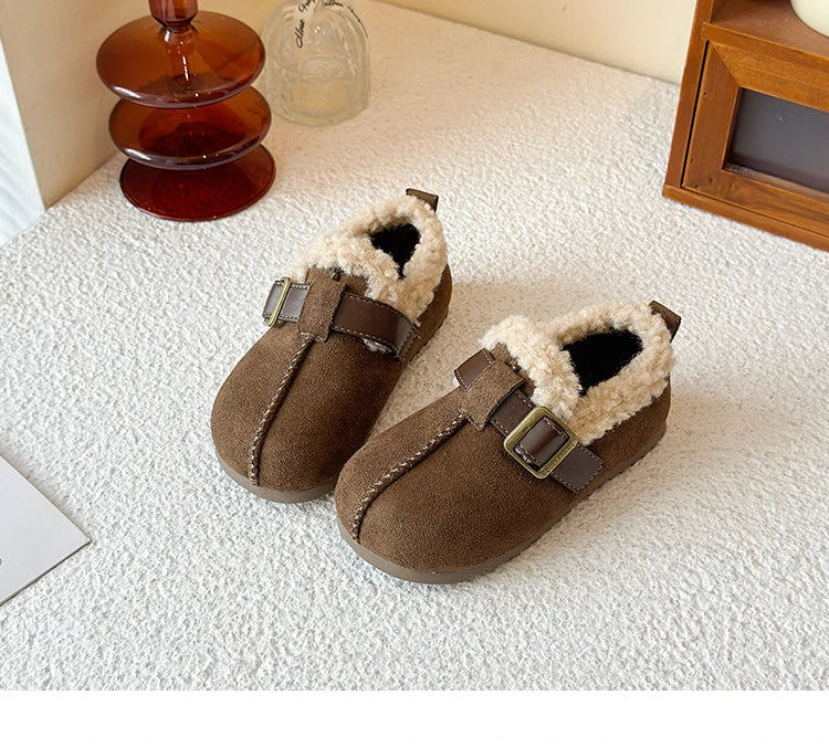 025 Winter New Children's Cotton Shoes for Girls; Soft Bottom One-piece Fur Warm Leather Shoes