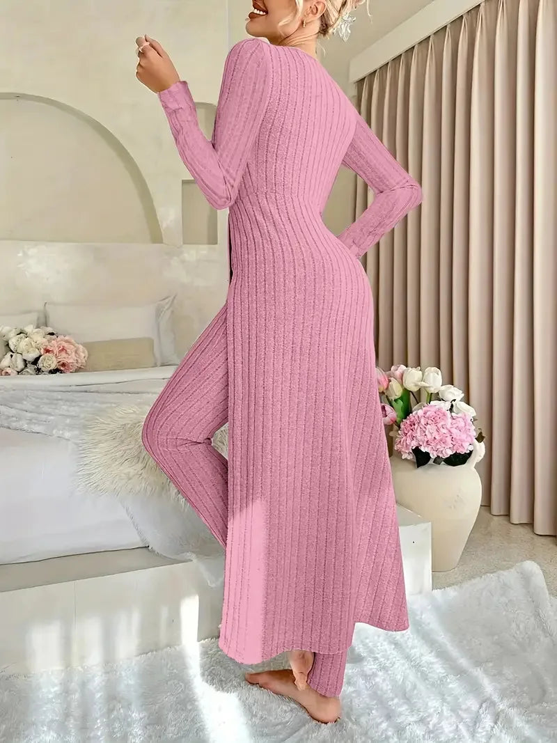 2025 Autumn Winter Home Casual Women's Suit Fashionable Solid Color Round Collar Super Long Slit Top Slim Trousers Two-piece Set