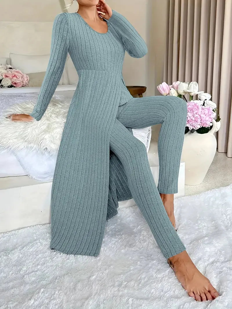 2025 Autumn Winter Home Casual Women's Suit Fashionable Solid Color Round Collar Super Long Slit Top Slim Trousers Two-piece Set