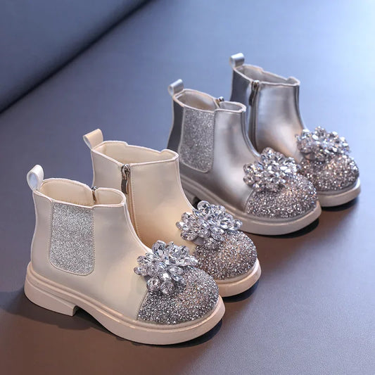 New Autumn Winter Girl's Ankle Boot Sequins Luxury Children Princess Boots Fashion Rhinestone Versatile Kids Causal Short Boots