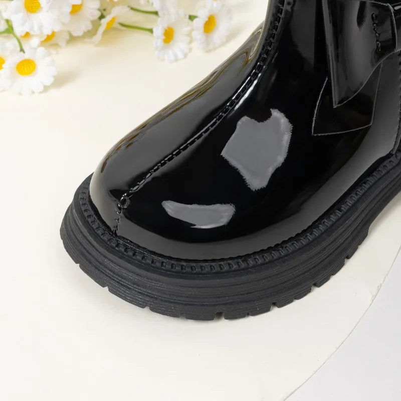 Children's Ankle Boots Winter New Girls Fashion Platform Boots Glossy PU Warm Kids Causal Cotton Boots Sweet Bowknot Versatile