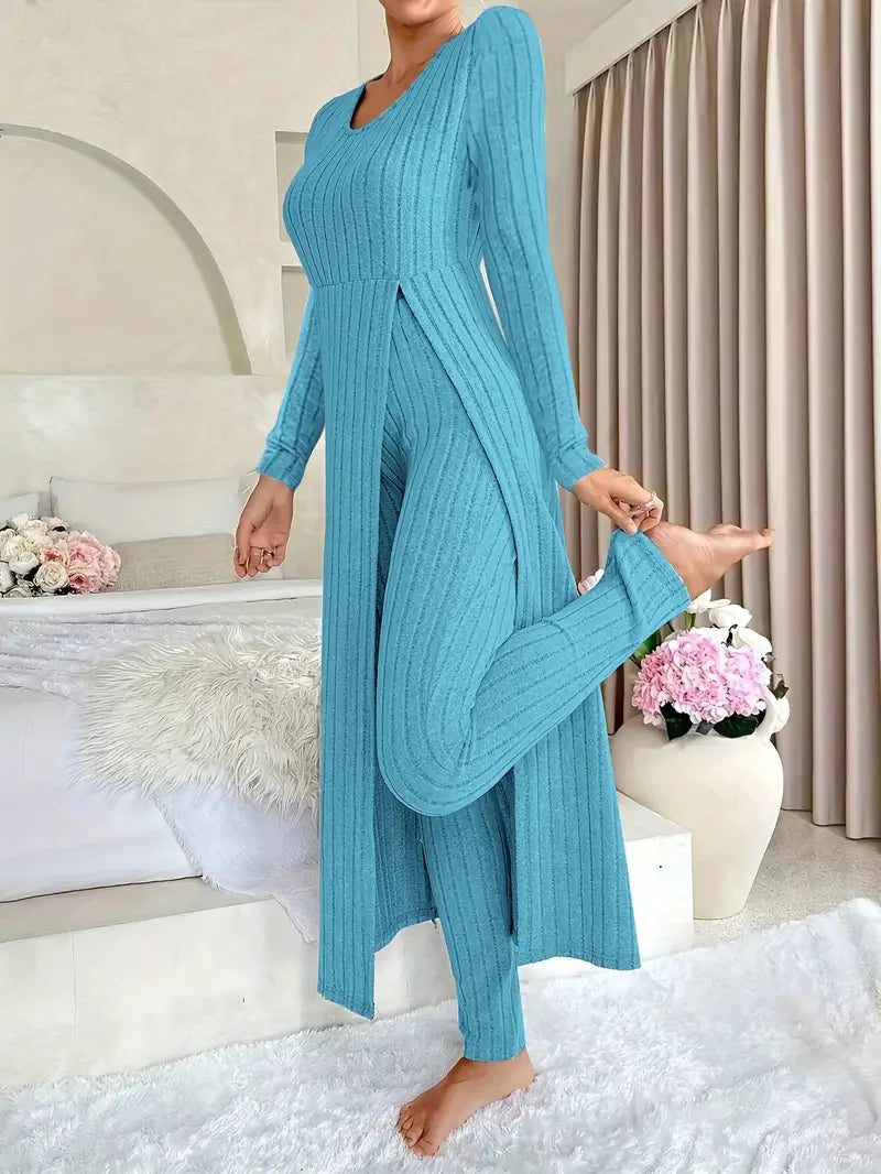 2025 Autumn Winter Home Casual Women's Suit Fashionable Solid Color Round Collar Super Long Slit Top Slim Trousers Two-piece Set