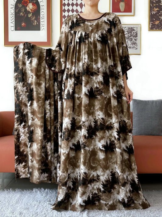 2025 New Loose Floral Dress Short Sleeve Cotton Women Abaya with Big Scarf Boho Maxi Dress Casual Fashion Dress African Vestidos