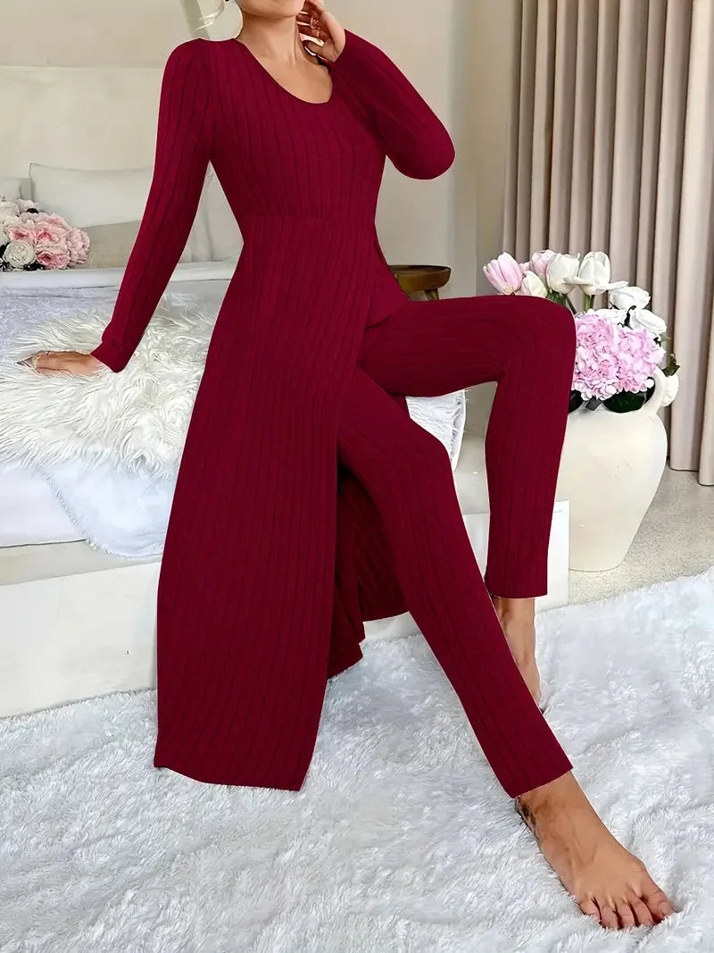 2025 Autumn Winter Home Casual Women's Suit Fashionable Solid Color Round Collar Super Long Slit Top Slim Trousers Two-piece Set