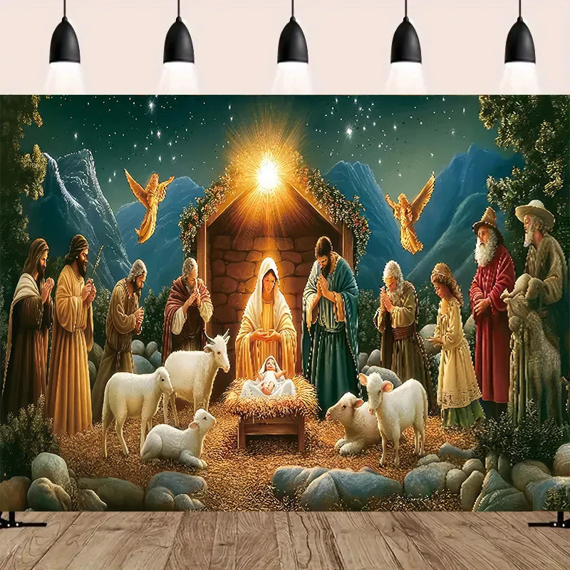 Nativity Scene Starry Night Tapestry Wall Hanging Religious Manger Scene Tapestries Traditional Christmas Birthday Wall Decor