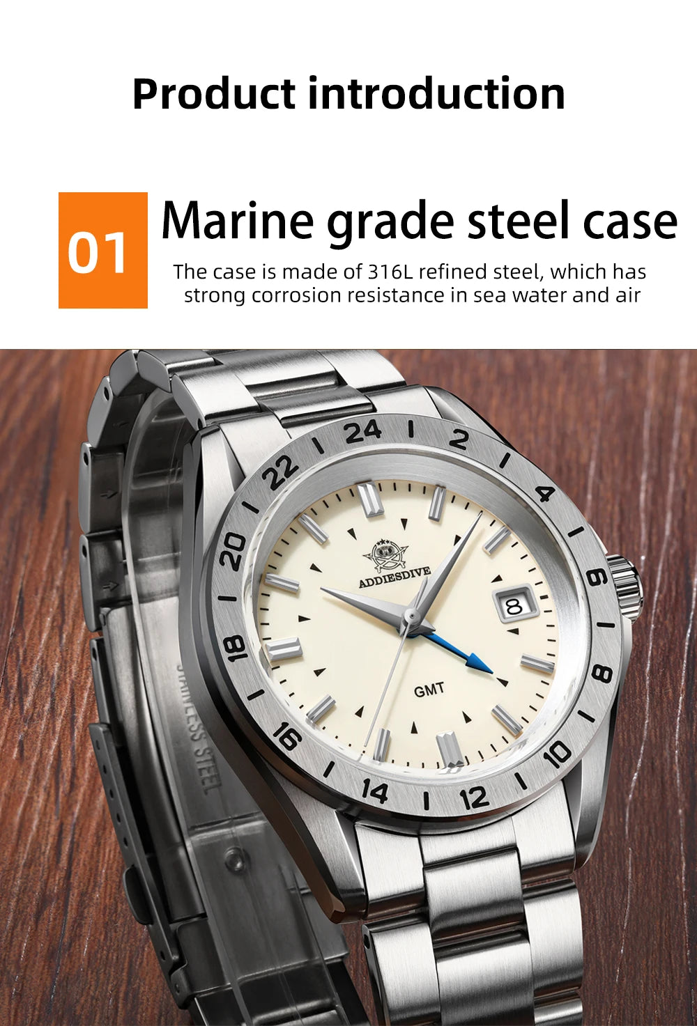 ADDIESDIVE NEW AD2063 38mm GMT Men's Watch Sapphire Glass Calendar 316L Stainless Steel Luxury Waterproof Watches Reloj Hombre