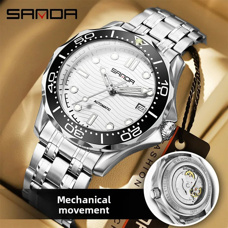 SANDA 2025 New Advanced Mechanical Watch Men's Waterproof Calendar Night Light Rotating Timing Circle Business Sports Watch