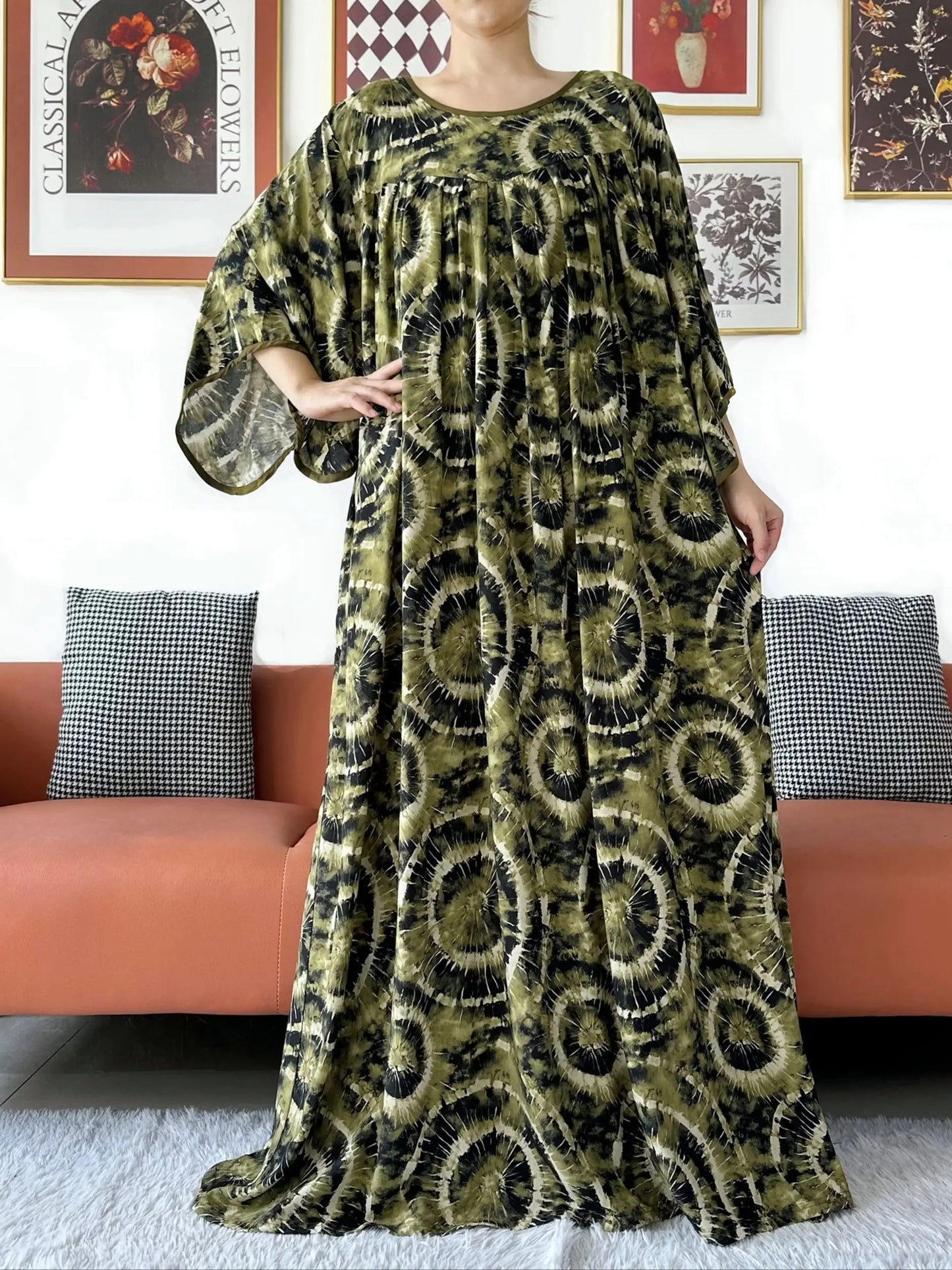 2025 New Loose Floral Dress Short Sleeve Cotton Women Abaya with Big Scarf Boho Maxi Dress Casual Fashion Dress African Vestidos