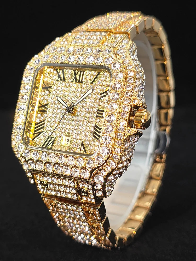 Men's Hip Hop Quartz Watch Fashion Iced out Diamond Men Watch Square Dial Calendar Luminous Feature Wristwatches Gift for Man