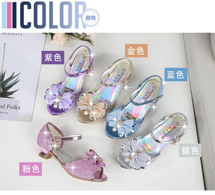 2025 Children Princess Sandals Kids Girls Wedding Shoes High Heels Dress Shoes Bowtie Gold Pink Blue Silver Shoes For Girls