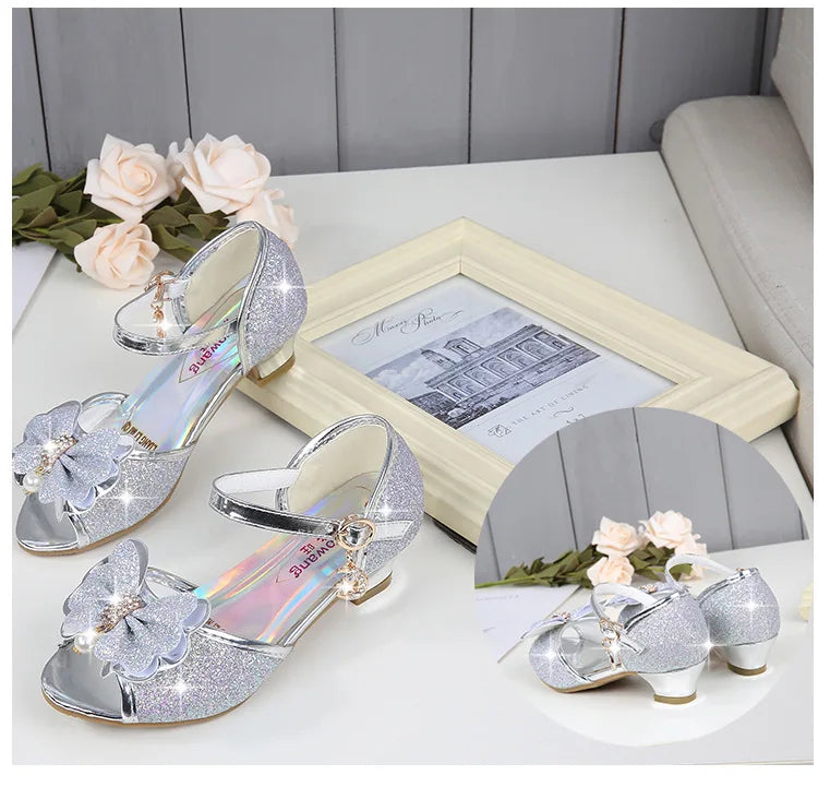 2025 Children Princess Sandals Kids Girls Wedding Shoes High Heels Dress Shoes Bowtie Gold Pink Blue Silver Shoes For Girls