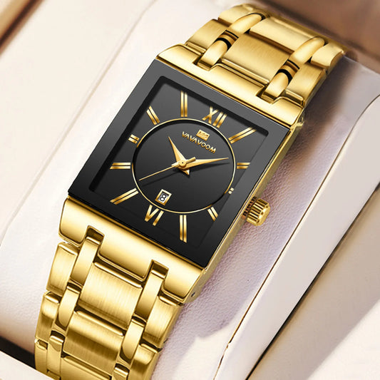 VA VA VOOM 2431 Business Luxury Square Gold Watches for Man Stainless Steel Quartz Wristwatch Calendar Waterproof Men Watch