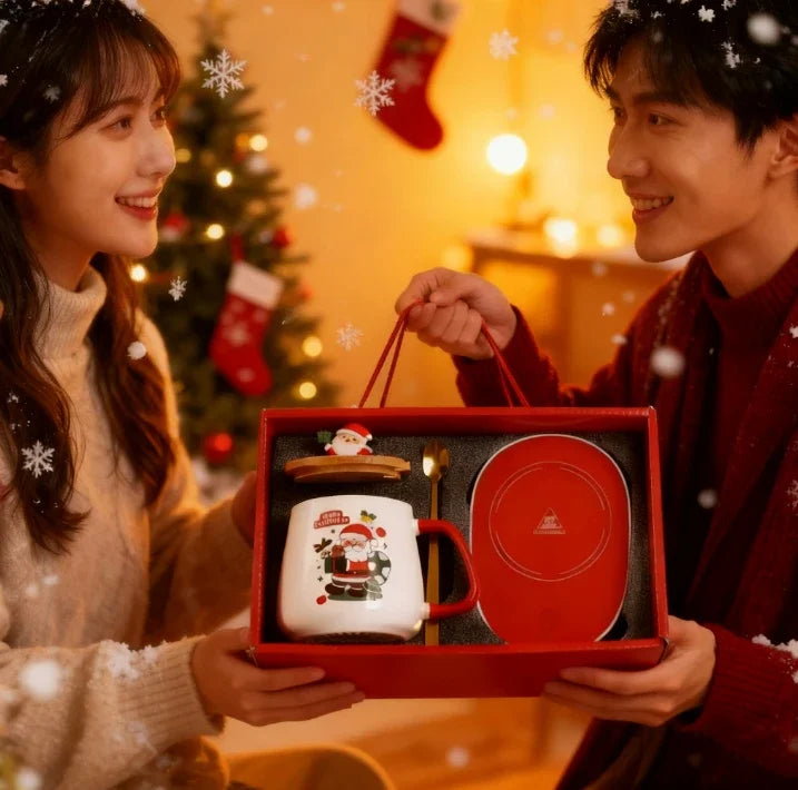 New Year Heartwarming Christmas Gift Set:Thermostat Mugs Cup Santa Claus Ceramic Cup Lid Spoon Mugs Coffee Cups Office or Home