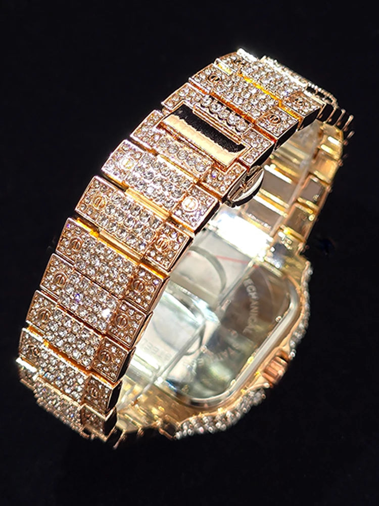 Men's Hip Hop Quartz Watch Fashion Iced out Diamond Men Watch Square Dial Calendar Luminous Feature Wristwatches Gift for Man