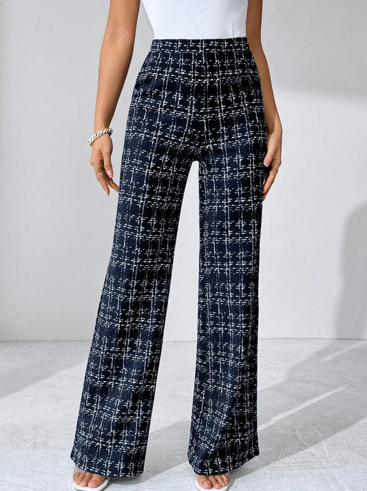 Spring and summer solid color striped checkered loose casual style straight leg pants