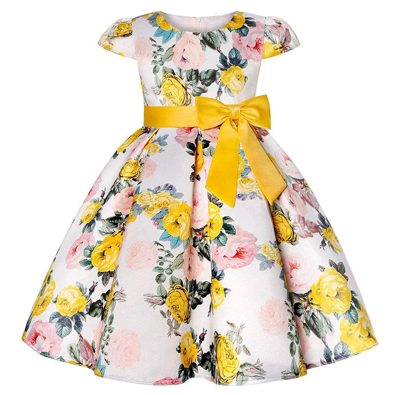 Seven Colours Flowers Girls Dress Summer Big Bow Fashion Christmas Princess Dress Birthday Party Gift 2-10 Years Kids Clothes