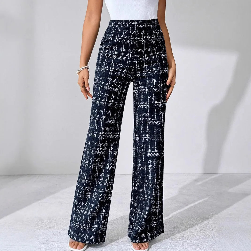 Spring and summer solid color striped checkered loose casual style straight leg pants