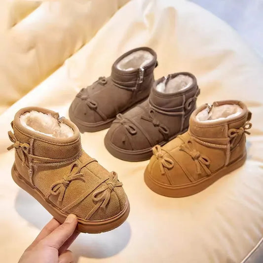 Girls Retro Thick Bottom Butterfly Knot with Velvet Warm Snow Boots Children's Leather Boots Kids Thermal Boots Winter New