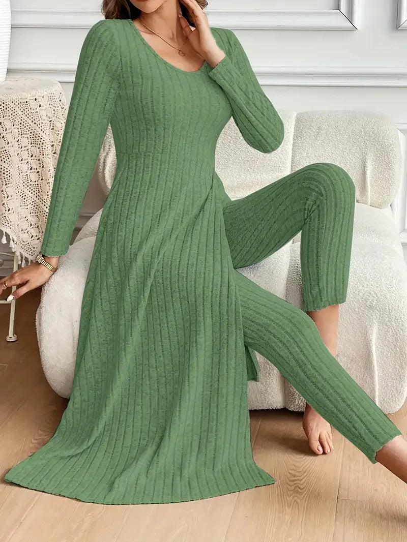 2025 Autumn Winter Home Casual Women's Suit Fashionable Solid Color Round Collar Super Long Slit Top Slim Trousers Two-piece Set