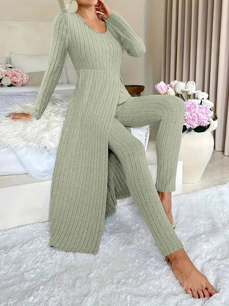 2025 Autumn Winter Home Casual Women's Suit Fashionable Solid Color Round Collar Super Long Slit Top Slim Trousers Two-piece Set