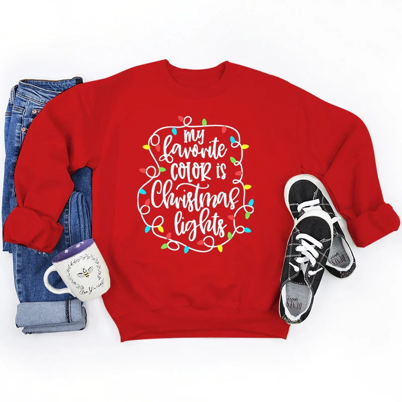 Funny My Favourite Color Is Christmas Lights Print Sweatshirt For Women Crew Neck Long Sleeves Pullover Christmas Sweatshirts