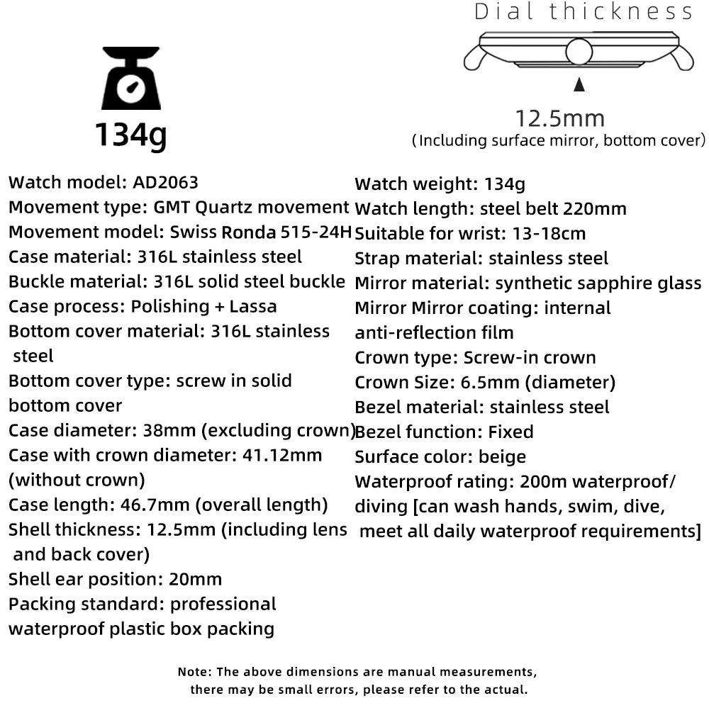 ADDIESDIVE NEW AD2063 38mm GMT Men's Watch Sapphire Glass Calendar 316L Stainless Steel Luxury Waterproof Watches Reloj Hombre