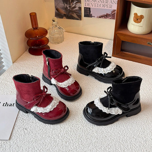 New Girls Platform Ankle Boots Wine Red Bowknot Children Fashion Princess Boots Wedding Party Kids Causal Short Boots Hook Loop