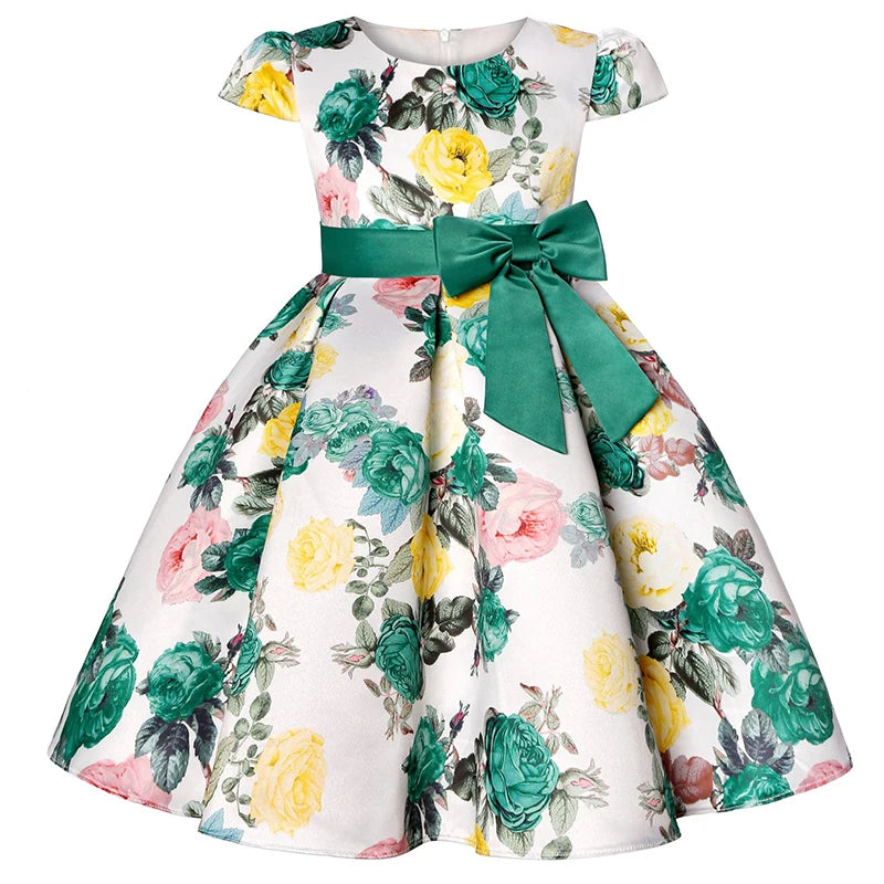 Seven Colours Flowers Girls Dress Summer Big Bow Fashion Christmas Princess Dress Birthday Party Gift 2-10 Years Kids Clothes