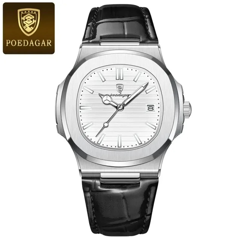 POEDAGAR Top Luxury Man Watch Date Waterproof Luminous Leather Watches For Men High Quality Square Men's Quartz Wristwatch Reloj
