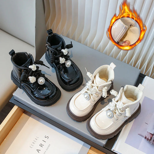 Children's Padded Boots 2-18 Years Old Flowers Pearl Warm Girls Cotton Shoes Winter Lightweight Non-slip Kids Leather Boots