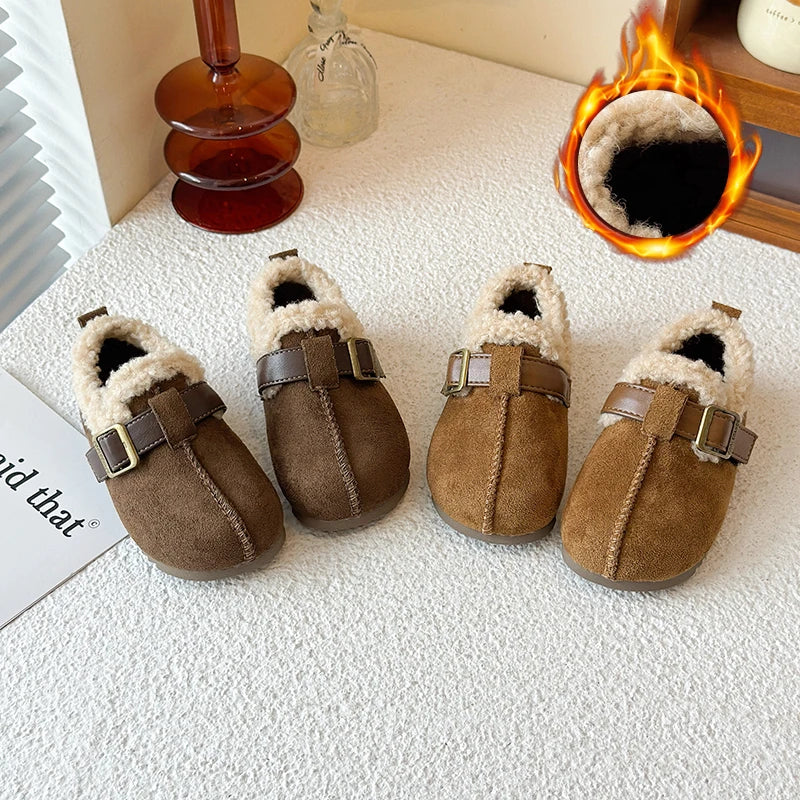 025 Winter New Children's Cotton Shoes for Girls; Soft Bottom One-piece Fur Warm Leather Shoes
