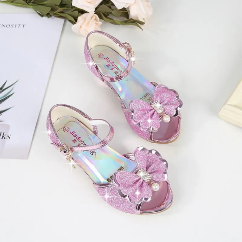 2025 Children Princess Sandals Kids Girls Wedding Shoes High Heels Dress Shoes Bowtie Gold Pink Blue Silver Shoes For Girls