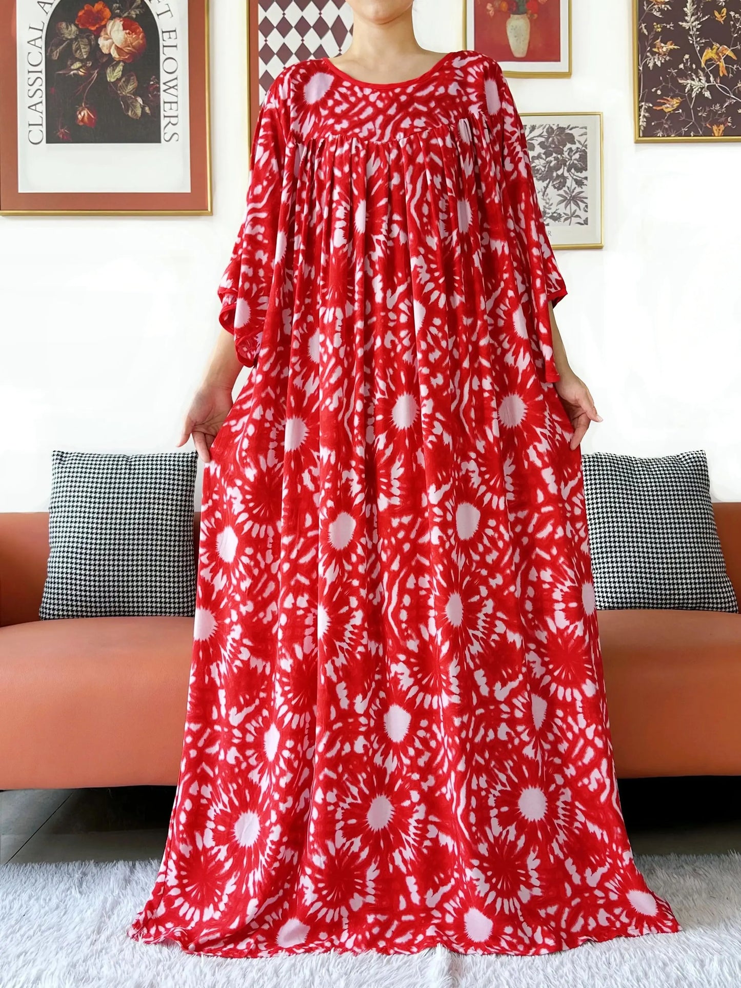 2025 New Loose Floral Dress Short Sleeve Cotton Women Abaya with Big Scarf Boho Maxi Dress Casual Fashion Dress African Vestidos