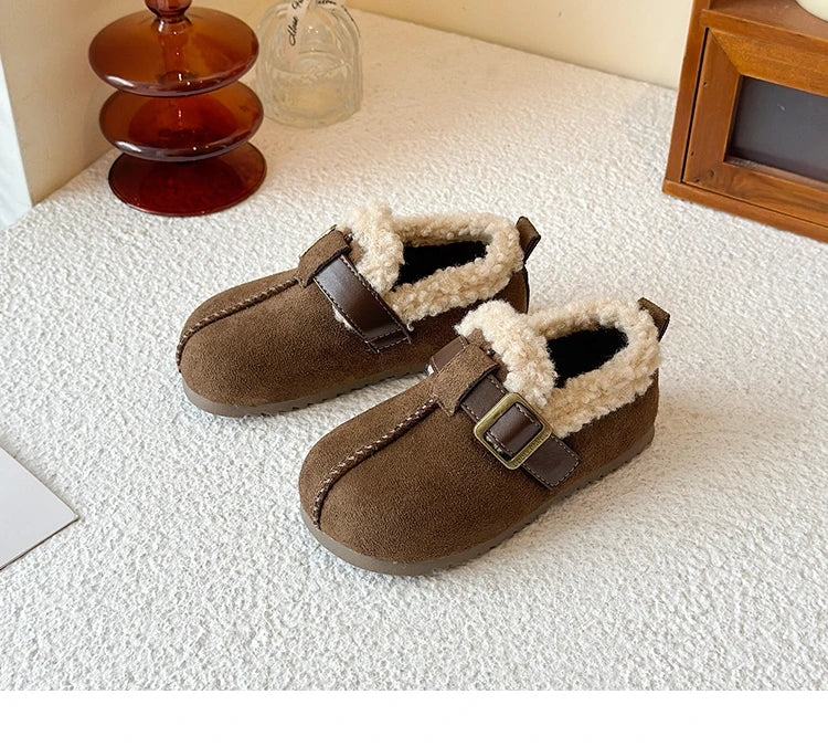 025 Winter New Children's Cotton Shoes for Girls; Soft Bottom One-piece Fur Warm Leather Shoes