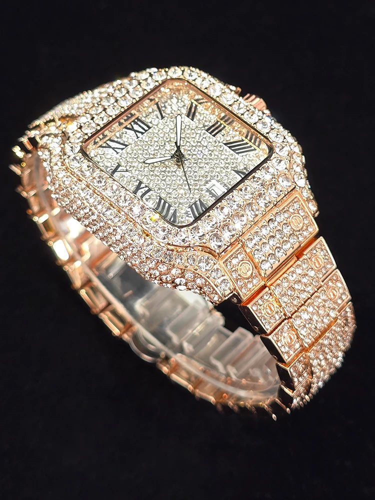 Men's Hip Hop Quartz Watch Fashion Iced out Diamond Men Watch Square Dial Calendar Luminous Feature Wristwatches Gift for Man