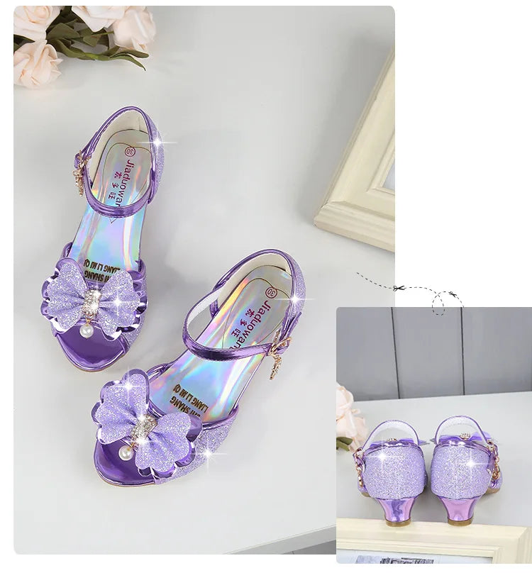 2025 Children Princess Sandals Kids Girls Wedding Shoes High Heels Dress Shoes Bowtie Gold Pink Blue Silver Shoes For Girls