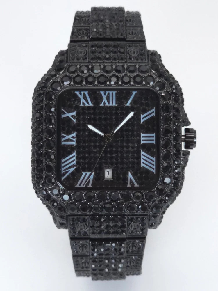 Men's Hip Hop Quartz Watch Fashion Iced out Diamond Men Watch Square Dial Calendar Luminous Feature Wristwatches Gift for Man