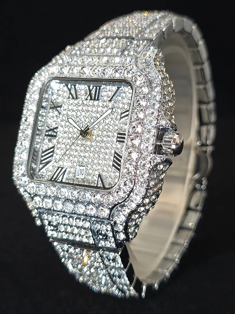 Men's Hip Hop Quartz Watch Fashion Iced out Diamond Men Watch Square Dial Calendar Luminous Feature Wristwatches Gift for Man