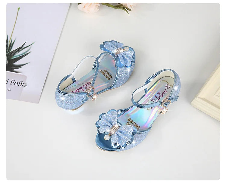 2025 Children Princess Sandals Kids Girls Wedding Shoes High Heels Dress Shoes Bowtie Gold Pink Blue Silver Shoes For Girls