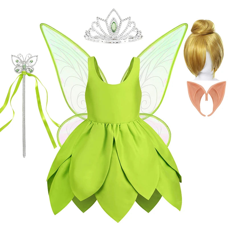 Summer Fancy Girl Green Elf Tinker Bell Backless Dress Christmas Halloween Kids Cosplay Birthday Party Fairy Princess Costumes