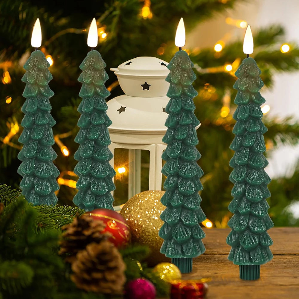 2pc/4pcs Christmas Tree LED Flameless Candles Light with 3D Flame Wick Green LED Candlesticks  Operated for Christmas Home Decor