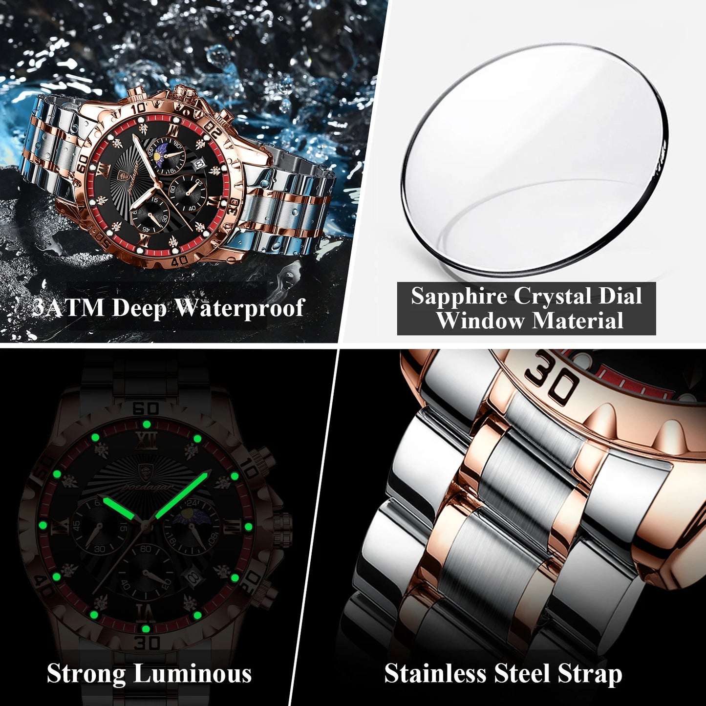 POEDAGAR Luxury Sports Watches For Men Stainless Steel Chronograph Date Man Watch Waterproof Luminous Fashion Men's Quartz Watch